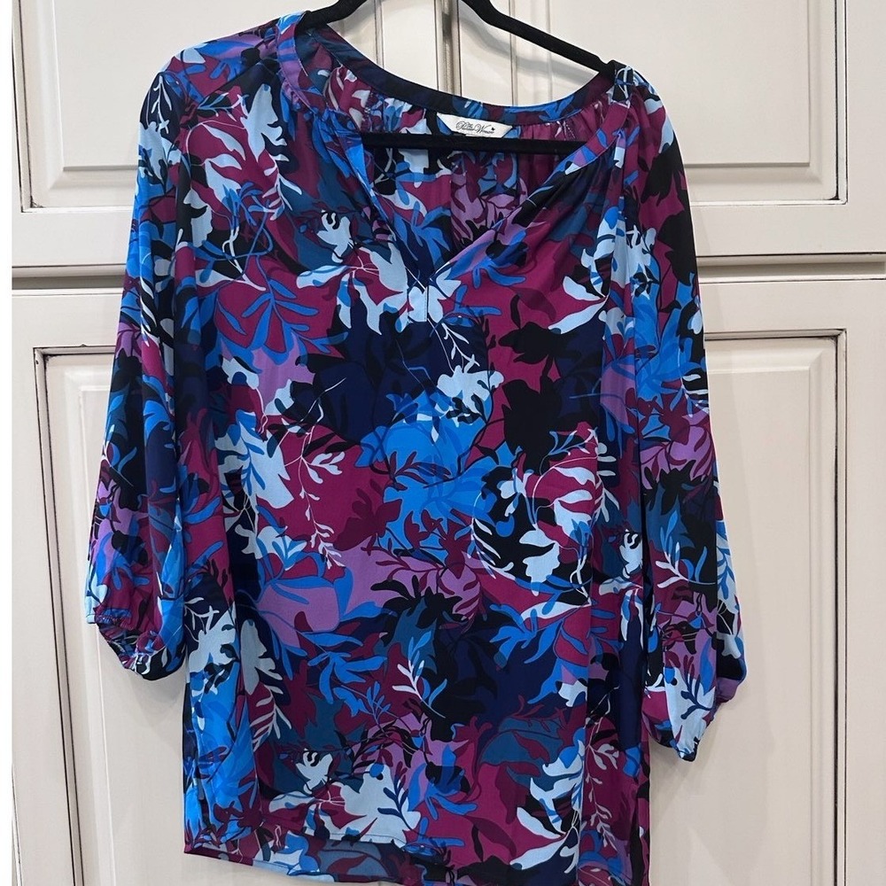 The Pioneer Woman Floral Tunic Top Blue Purple Magenta Split V-Neck Blouse L